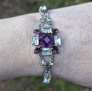 Vintage Purple & Clear Glass Rhinestone Silver Tone Bracelet Large 7.5 In
